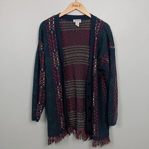Avon Style Womens Vintage Cardigan Sweater Plus Size S/M Blue Red Blanket Woven